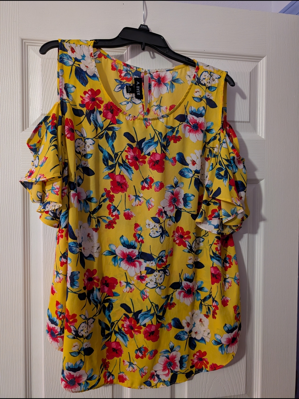 Yellow Floral Cold-Shoulder Ruffle Blouse